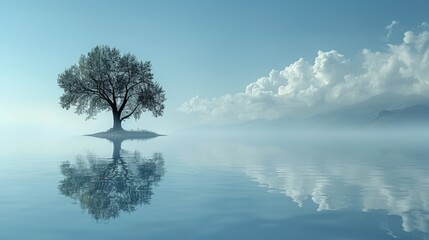 The photo shows a beautiful landscape with a tree in the middle of a lake, reflecting on the water