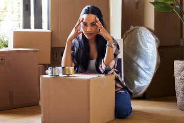 Portrait, stress and woman with headache for moving, boxes or anxiety, tired and packing, bankrupt...