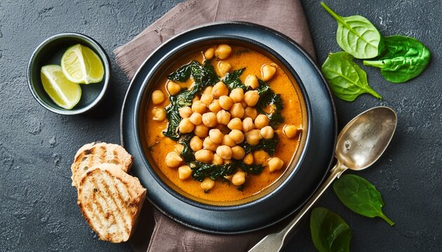 Indisches Kichererbsen Curry mit Spinat, Kichererbsen, Knoblauch und Reis von Oben, Rezept, Essen