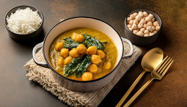 Indisches Kichererbsen Curry mit Spinat, Kichererbsen, Knoblauch und Reis von Oben, Rezept, Essen