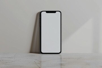 Mockup of an iPhone screen in white on gray wall and mottled floor.