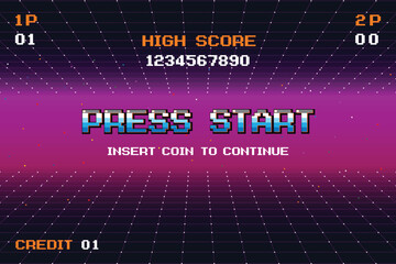 PRESS START INSERT A COIN TO CONTINUE .pixel art .8 bit game. retro game. for game assets .Retro Futurism Sci-Fi Background. glowing neon grid. and stars from vintage arcade computer games