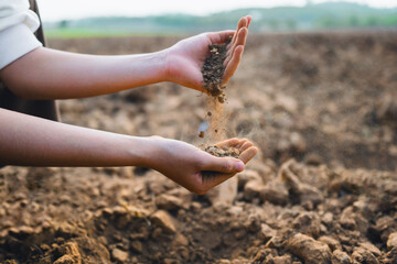 person is holding two hands over a dirt field
