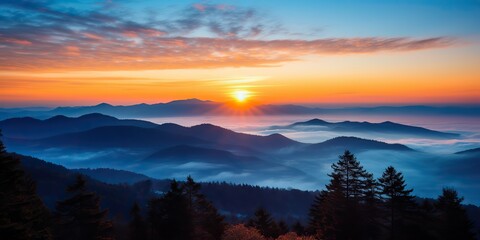Obraz premium Amazing beautiful rock hills mountain peak sunrise ligh beam. Adventure travel nature outdoor landscape background scene view