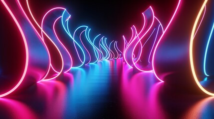Futuristic display of curving neon lights in vivid pink, blue, and yellow hues lining a dark corridor, creating an illusion of depth and movement.