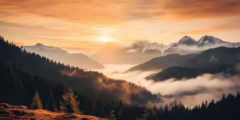 Obraz premium Amazing beautiful rock hills mountain peak sunrise ligh beam. Adventure travel nature outdoor landscape background scene view