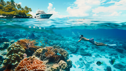 Man Snorkeling Near a Yacht on a Tropical Reef
