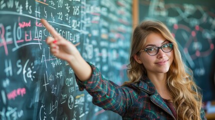 Young female teacher confidently explaining mathematical theories on a chalkboard in an academic setting

