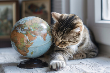 A cat playing with a globe with copy space