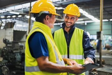 Two men in safety gear are talking to each other