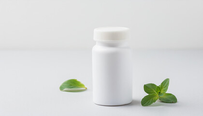 Mock-up of blank white plastic bottle with medicine and green leaves. Pharmaceutical drug.
