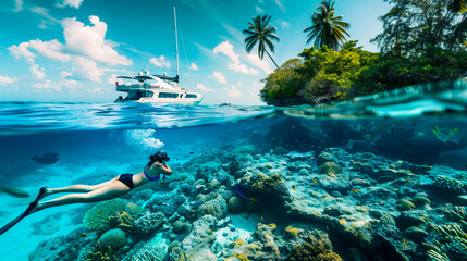Underwater Tropical View of a Girl Snorkeling by a Yacht
