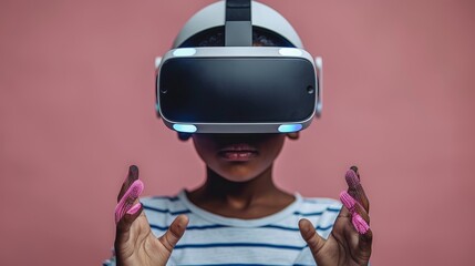 Naklejka premium A boy in a VR headset and futuristic clothes with glowing gloves is exploring cyberspace on a pink background.