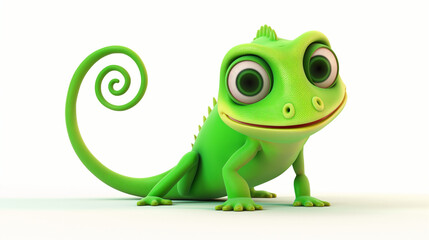 cute green smiling cartoon chameleon maskot with big eyes