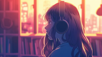 pretty anime girl relaxing and listening to lofi hip hop music. in headphStudy girl chilling. Colorful comic style background.