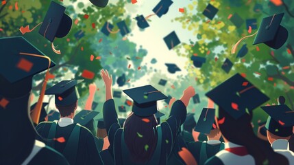 Illustration of students celebrate academic success. Graduation caps, educational. Back view