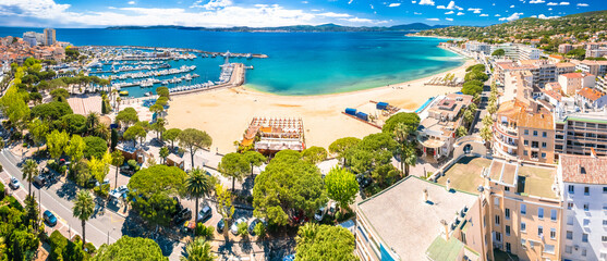 Town of Sainte Maxime beach and waterfront aerial panoramic view