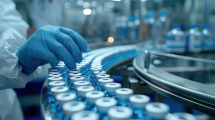 Pharmaceutical technician in sterile gloves inspects vial on automated production line, copy space