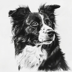 Fototapeta premium Hand drawn portrait of border collie dog. Black and white drawing