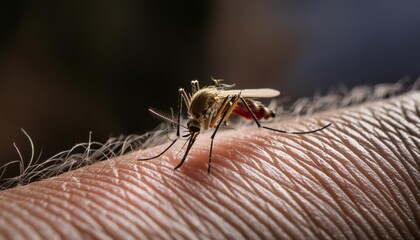 Close-up shot of a mosquito sitting on human skin
 - obrazy, fototapety, plakaty