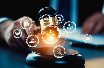 Smart law, legal advice icons and lawyer working tools in the lawyers office showing concept of...