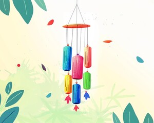 Decorative wind chimes flat design side view soothing sounds theme cartoon drawing Analogous Color Scheme