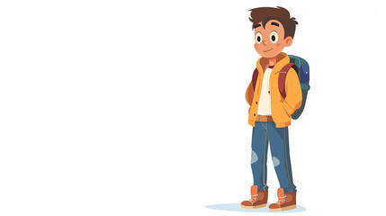 A cartoon illustration on a white background. A cute student with a backpack is standing on the side of the image.