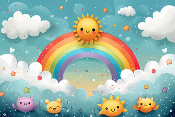 cute cartoon cloud with little faces in the sky. A sun is shining above the cloud,rainbow,Children's Drawing,handrawn,kawaii,hand drawn by 10 years old kid,bright color,in the style of childlike innoc