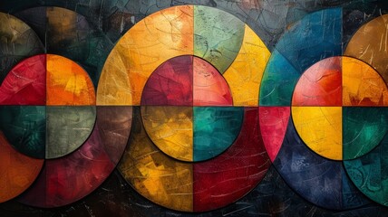 Fototapeta premium This abstract painting features a series of interlocking circles, each divided into four quadrants