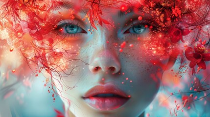 The photo shows a woman with red hair and blue eyes. She is looking at the camera with a serious expression. Her hair is made of red leaves.