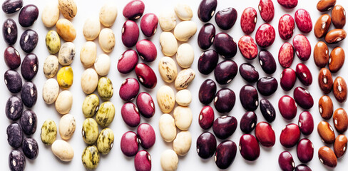 Types of beans in bulk. Farm fresh product. White background, isolate. AI generated.