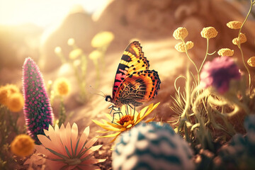 Madagascar sunset moth (Chrysiridia rhipheus), butterfly close-up on wildflowers. AI generated.