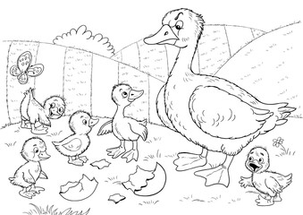 Ugly duckling. Fairy tale. Coloring page. Coloring book. Illustration for children. Cute and funny cartoon characters