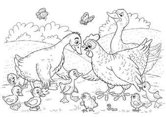 Ugly duckling. Fairy tale. Coloring page. Coloring book. Illustration for children. Cute and funny cartoon characters