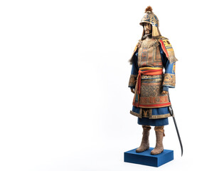 Medieval ancient Mongolian warrior in armor. White background, isolate. AI generated.