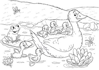 Ugly duckling. Fairy tale. Coloring page. Coloring book. Illustration for children. Cute and funny cartoon characters