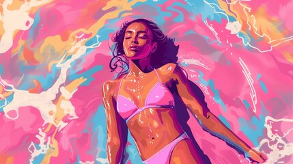 Woman lies in the bright ocean. Vibrant illustration of a woman in a pink bikini against an multicolored sea