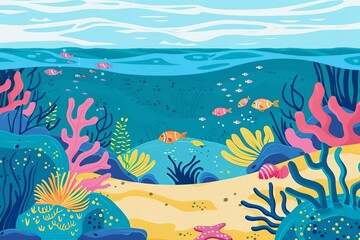 Habitat tidal pool exploration flat design side view marine education theme cartoon drawing vivid