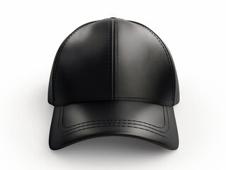 A black leather baseball cap on a white background.