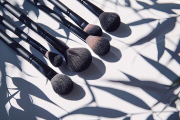 A group of makeup brushes on a white surface. - obrazy, fototapety, plakaty
