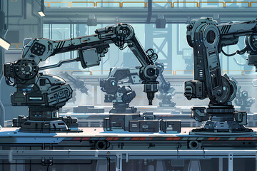 Futuristic Robotics Manufacturing Factory - Innovative High-Tech Industrial Production - obrazy, fototapety, plakaty