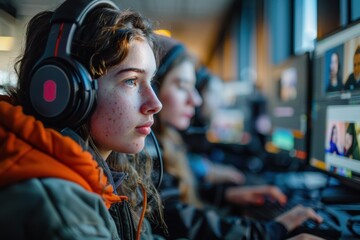 Obraz premium A girl wearing headphones is looking at a computer screen
