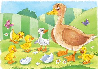 Ugly duckling. Fairy tale. Coloring page. Coloring book. Illustration for children. Cute and funny cartoon characters