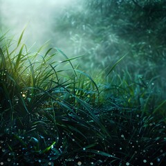 A green field with mist and grass. - obrazy, fototapety, plakaty