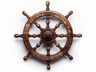 A wooden ship wheel on a white background. - obrazy, fototapety, plakaty