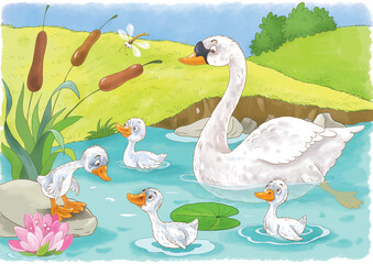 Ugly duckling. Fairy tale. Coloring page. Coloring book. Illustration for children. Cute and funny cartoon characters