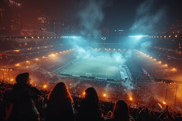 An electrifying scene captures the energy of a night match at a packed stadium with vibrant lighting and an excited crowd