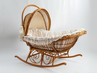 A wicker baby cradle with white lace. - obrazy, fototapety, plakaty