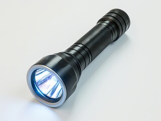 A flashlight with blue light on a white surface. - obrazy, fototapety, plakaty