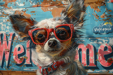 chihuahua wearing sunglasses, summer themed background, the word 